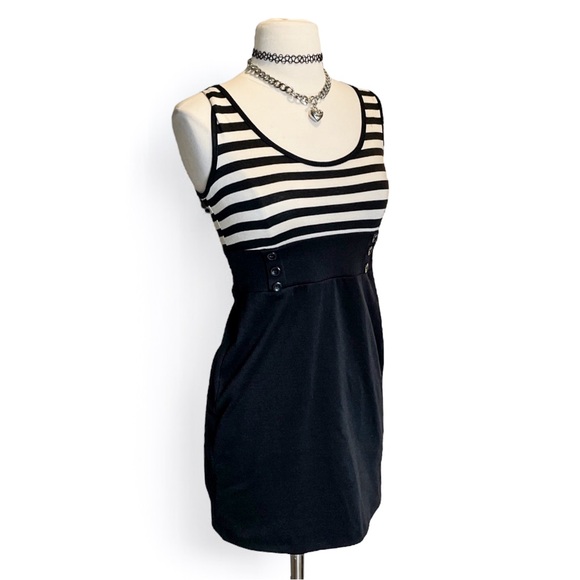Y2k Black White Striped Babydoll Dress Emo Mallgoth Scene Kid Gothic Officecore - Picture 1 of 13